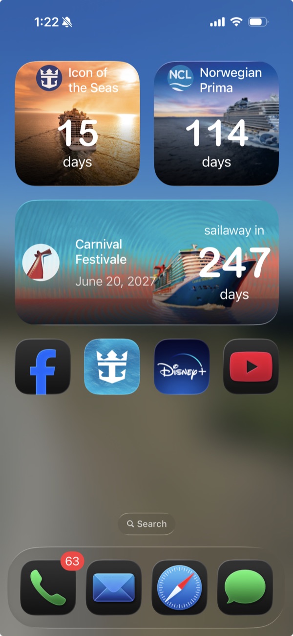 iPhone home screen with CruisePicker widgets: Icon of the Seas in 15 days, Norwegian Prima in 114 days, and a medium widget for Carnival Festivale, sailaway in 247 days