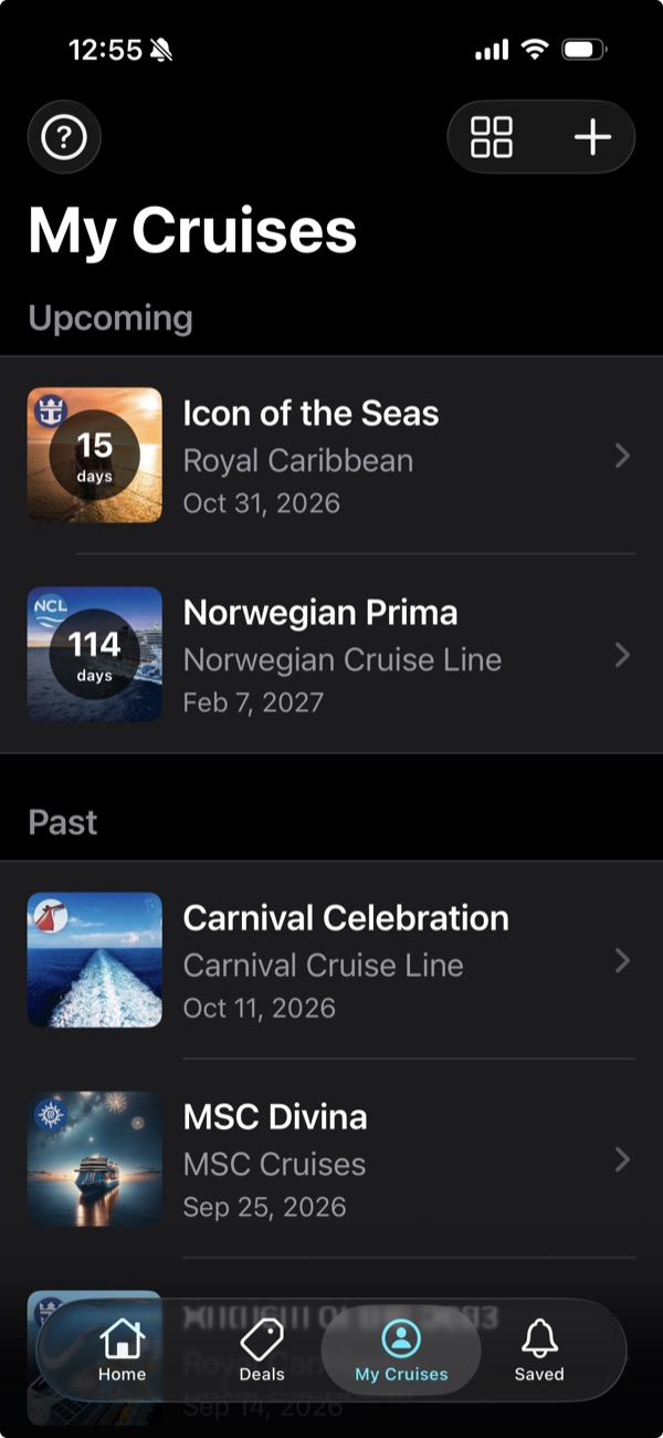 The My Cruises screen: Icon of the Seas in 15 days and Norwegian Prima in 114 days under Upcoming, with Carnival Celebration and MSC Divina under Past
