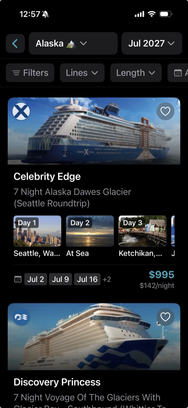 Search results for Alaska in July 2027: Celebrity Edge, 7 Night Alaska Dawes Glacier from Seattle, with day-by-day ports and a price of $995, or $142 a night