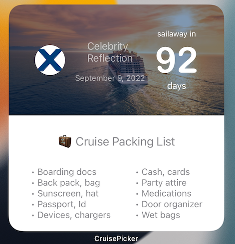 Large cruise countdown widget with packing list