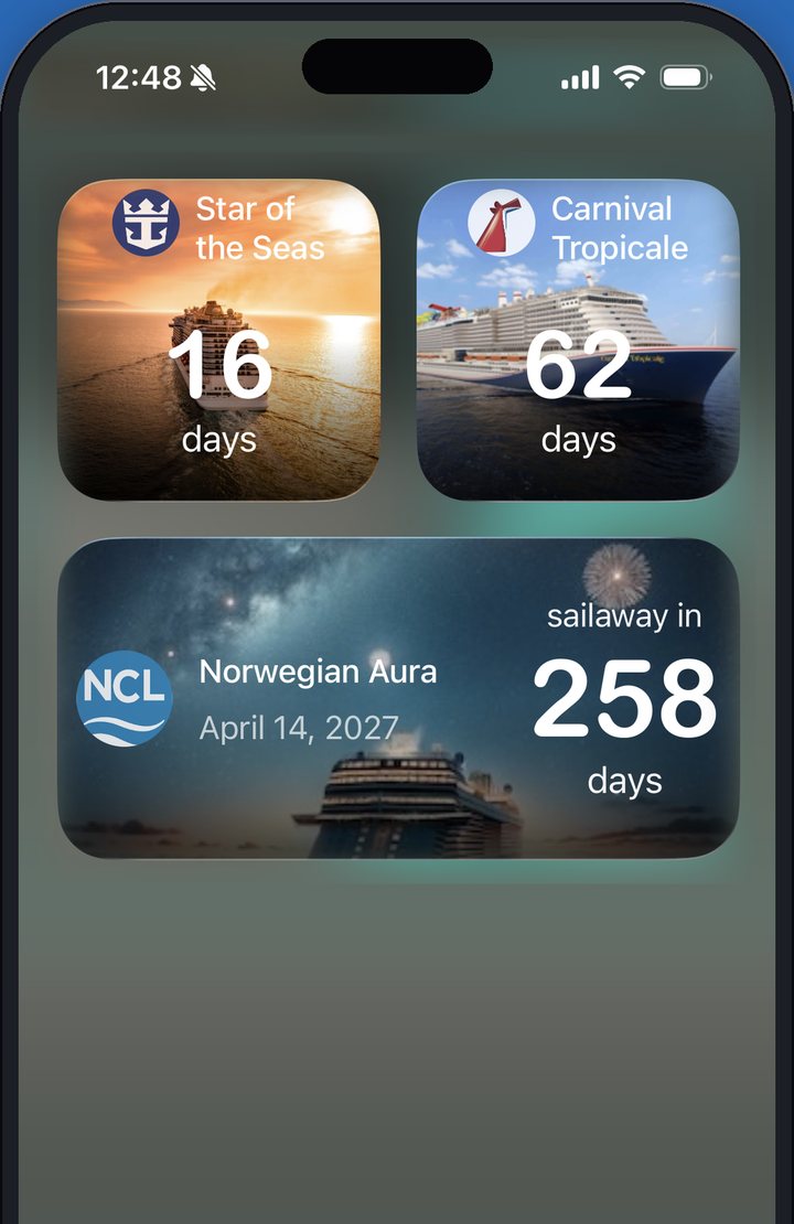 iPhone home screen with CruisePicker countdown widgets: Star of the Seas in 16 days, Carnival Tropicale in 62 days, Norwegian Aura in 258 days